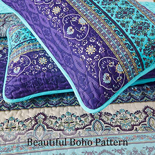 WONGS BEDDING Boho Queen Quilt Set, Blue Purple Bohemian Queen Quilt Bedding Set, Lightweight Microfiber Bed Decor Bedspread for All Season 96"x90"(3 Pieces) WONGS BEDDING