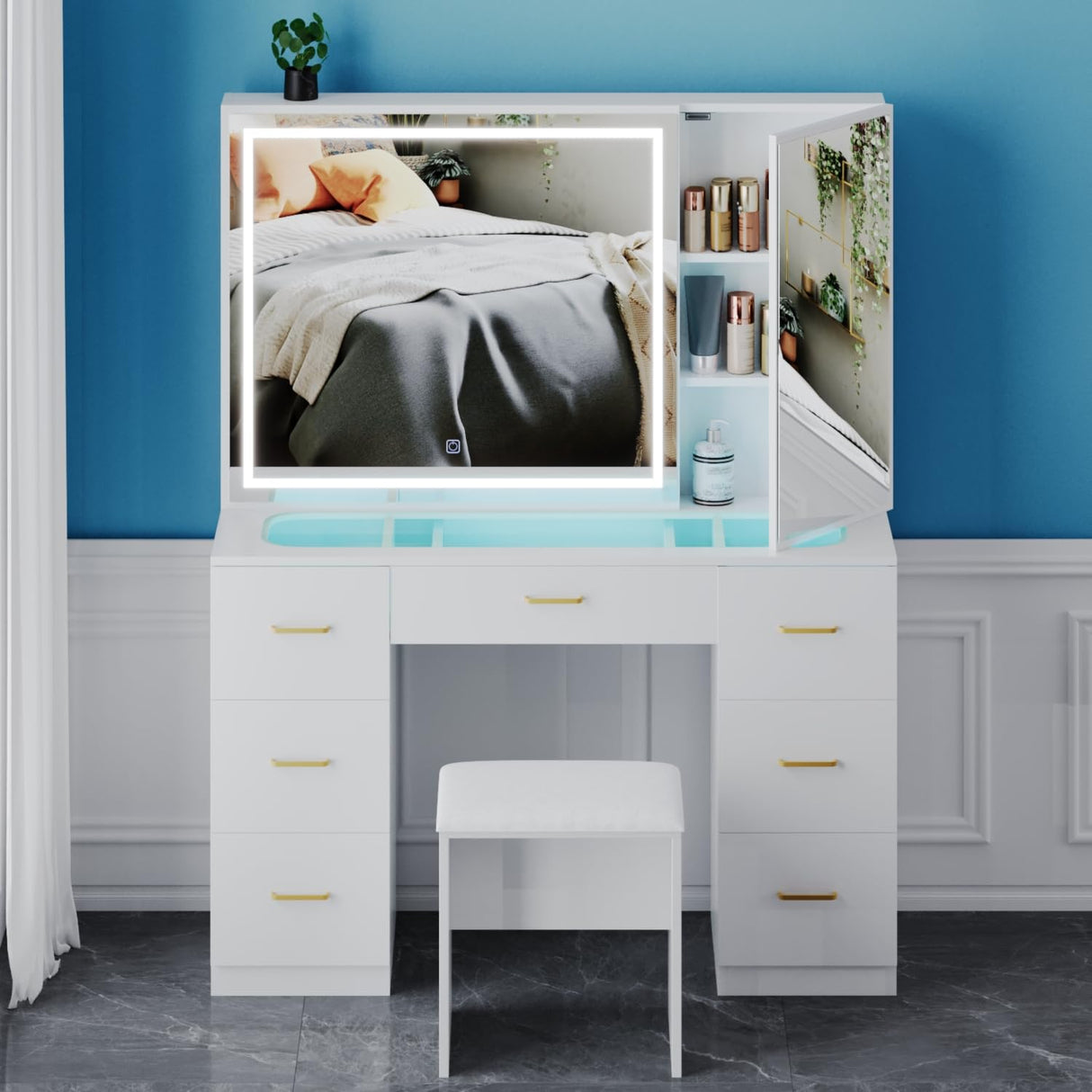 GLAUBIO Vanity Desk Set with Large LED Lighted Mirror, Makeup Table with 7 Drawers,Glass Tabletop Vanity Desk with Cabinet,Modern Vanity Table for Bedroom, White GLAUBIO