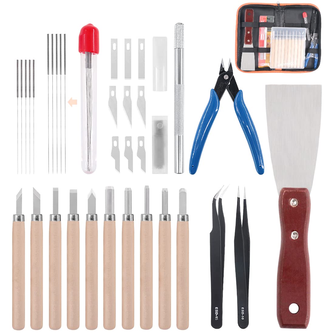 Rustark 34 Piece 3D Printer Accessories Tool Kit Cleaning Needles, Tweezers, Pliers, Scarper, Clean up Knives, Carving Knife Come with Storage Case for Printing Removing, Cleaning, Finishing Rustark