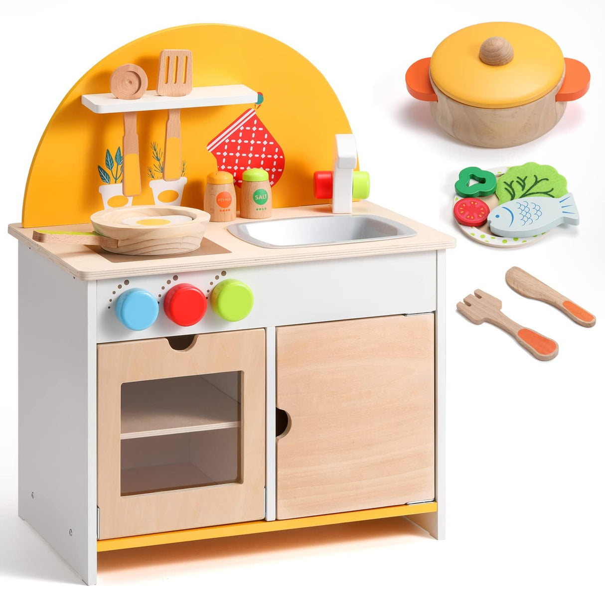 SainSmart Jr. Wooden Kitchen Playset, Cooking Pretend Play Set with Food Accessories Toy for Kids and Toddlers SainSmart Jr.