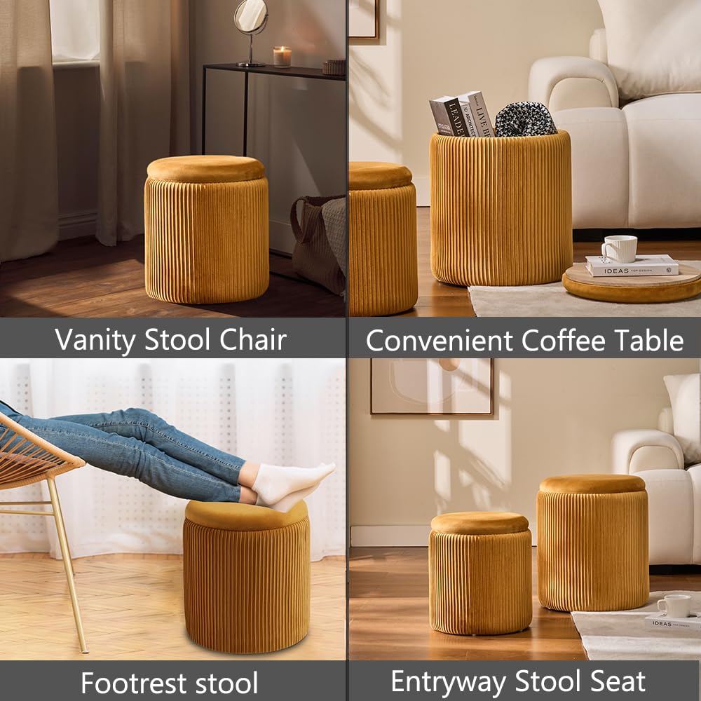 BLEXA Round Set of 2 Ottoman with Storage-Upholstered Velvet Vanity Stool for Makeup Multifunctional Ottomans Coffee Table Padded Seat Foot Rest for Living Room&Bedroom (Yellow) BLEXA