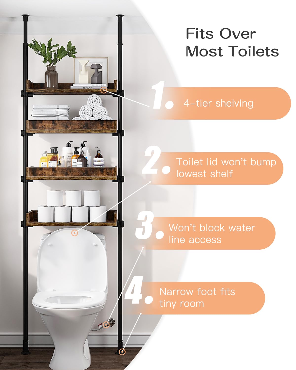 ALLZONE 4-Tier Adjustable Over-The-Toilet Storage Organizer in Rustic Brown for Small Bathrooms ALLZONE