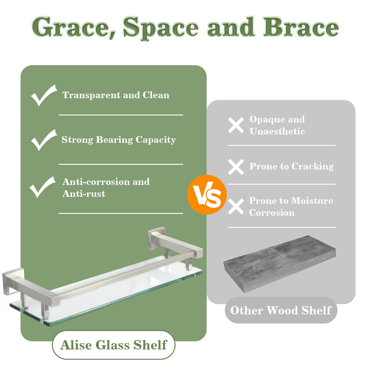 Alise Bathroom Glass Shelf with Stainless Steel Railing, Brushed Nickel Small Tempered Glass Floating Wall Shelf Over The Toilet, 16 inch Alise