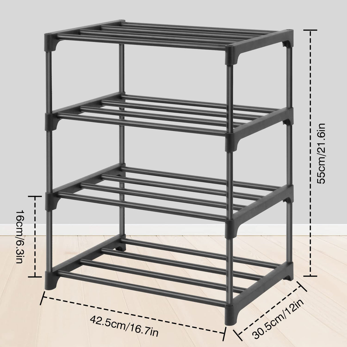 HITHIM 4-Tier Small Shoe Racks, Narrow Shoe Rack for 6-8 Pairs Shoe Storage,Kids Shoe Racks for Small Place,Lightweight Stackable Shoe Shelf Organizer for Closet,Black HITHIM