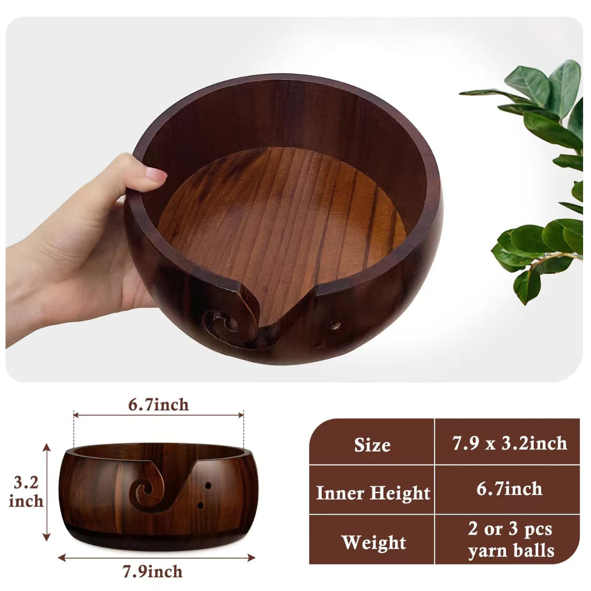Wooden Yarn Bowl Holder, Craft Knitting Bowl with 8pcs Metal Crochet Hooks, 7.9''Large Yarn Holder Dispenser Yarn Storage Bowls, for Knitters & Crocheters (Brown 7.9 inch) Sewovvmu