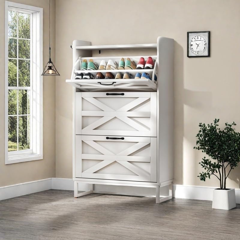 YITAHOME Slim Shoe Storage Cabinet with 3 Flip Drawers– Holds 24 Pairs, Space-Saving Shoe Rack for Entryway, Hallway & Living Room White Farmhouse Design YITAHOME