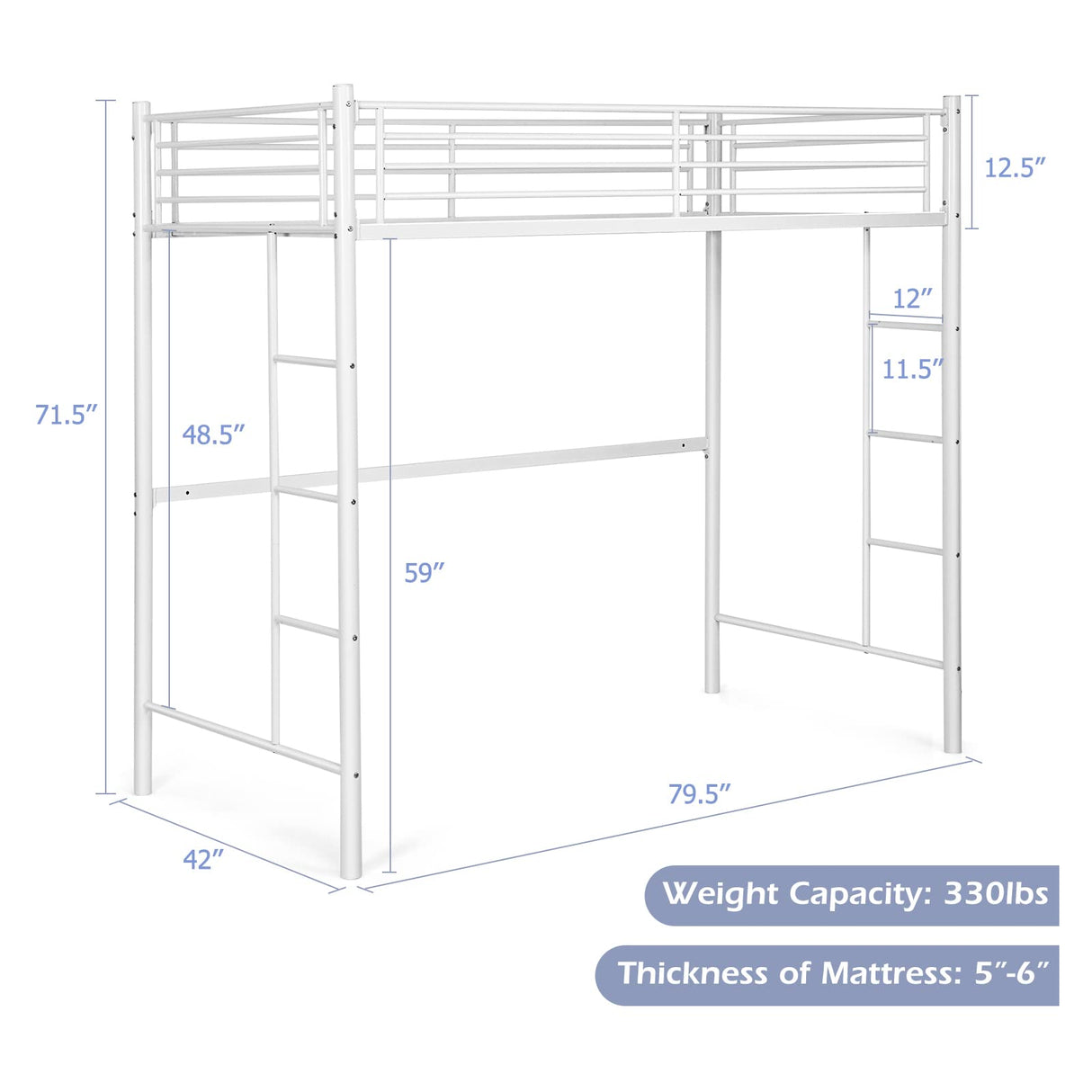 Giantex Metal Loft Bed Twin Size, Heavy Duty Loft Bed Frame with 2 Ladders, Twin Over Loft Bunk Bed with Full-Length Guard, Space-Saving Bed Frame for Kids Teens Adults, No Box Spring Needed (White) Giantex