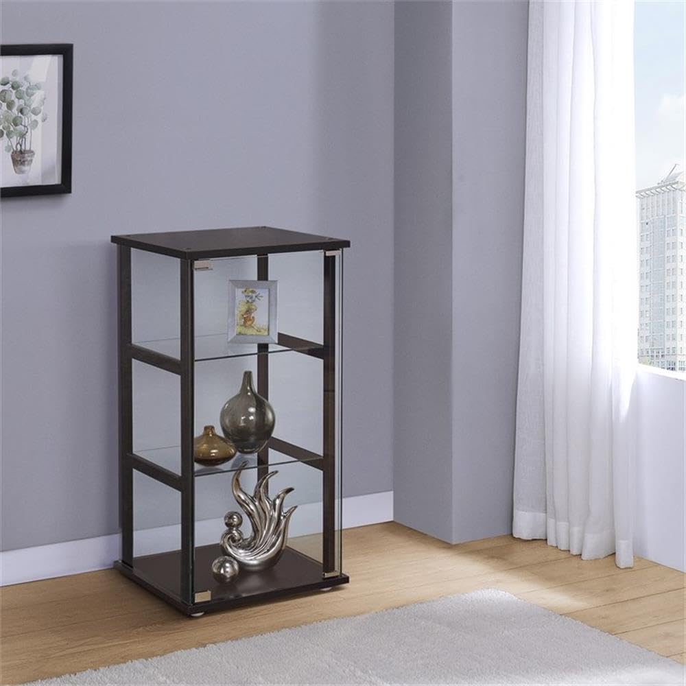 BOWERY HILL Contemporary 3 Shelf Glass Curio Display Cabinet,Wood Ladder Frame, in Black BOWERY HILL