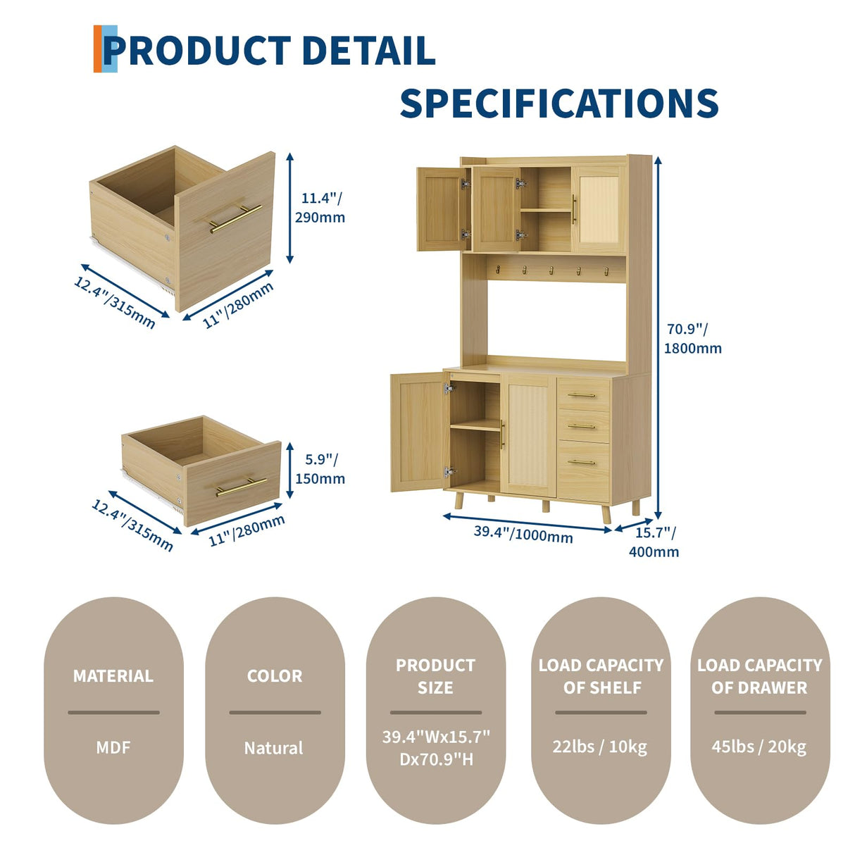 Garvee Rattan Pantry Cabinet, 71" Kitchen Pantry with Microwave Stand, Freestanding Hutch with Drawers, Doors and Hooks, Boho Storage Cabinet for Dining Room, Kitchen, Living Room, Natural Garvee