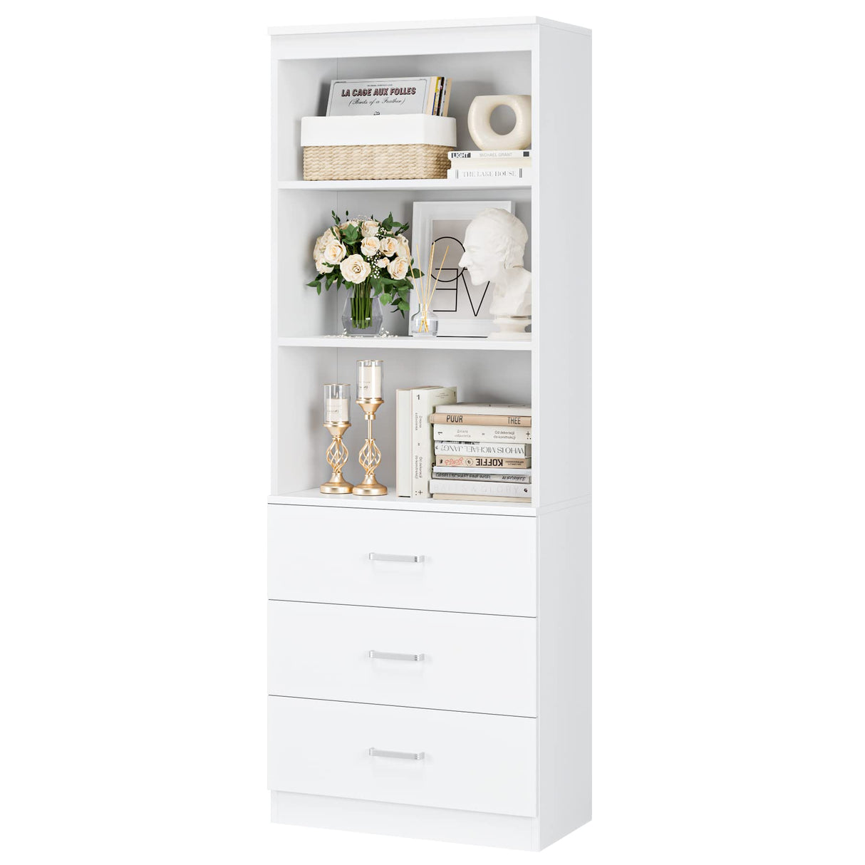 FOTOSOK 71-Inch Tall White Storage Cabinet with 3 Drawers and 3 Open Shelves FOTOSOK