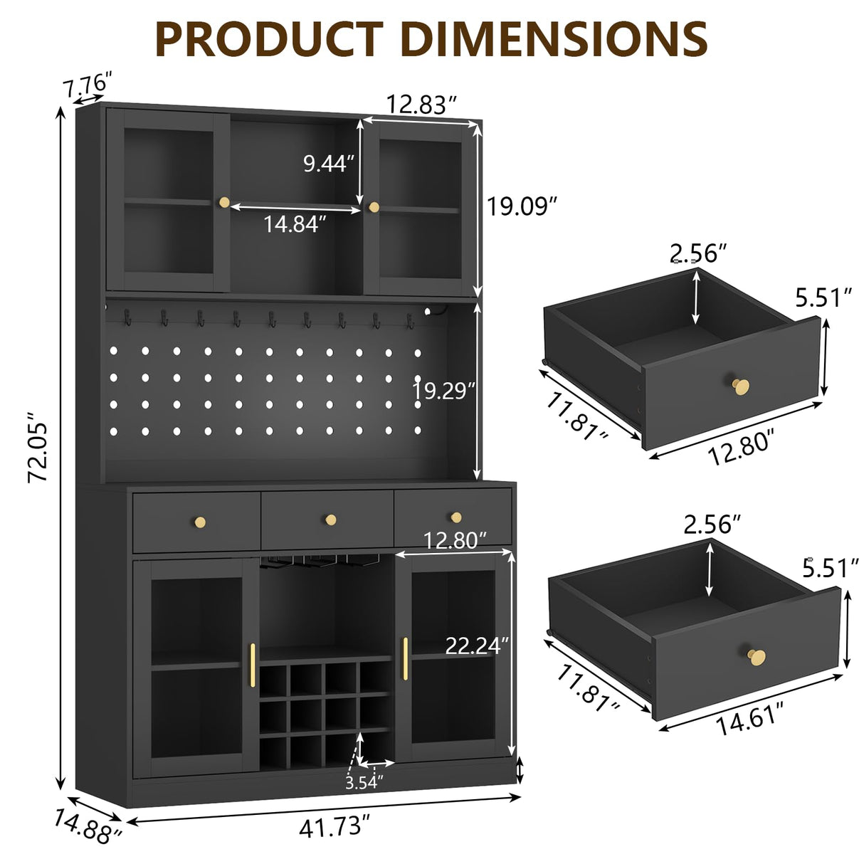 72" Tall Wine Bar Cabinet with Storage Hutch & Pegboard, Coffee Bar Cabinet with LED Lights, Modern Liquor Cabinets with 9-grid Wine & Glass Racks, Pantry Cabinet for Kitchen, Living Room (Black) Auromie