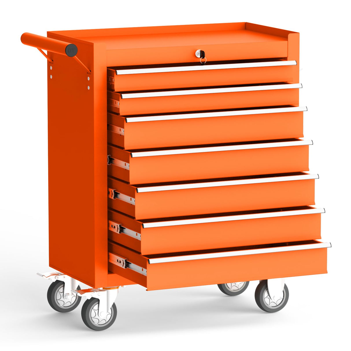 Gornoxblif 7-Drawers Orange Metal Rolling Tool Chest with Wheels,Tool Storage Cabinet with Locking System,Toolbox with Wheels for Garage, Warehouse, Workshop, Repair Shop Gornoxblif