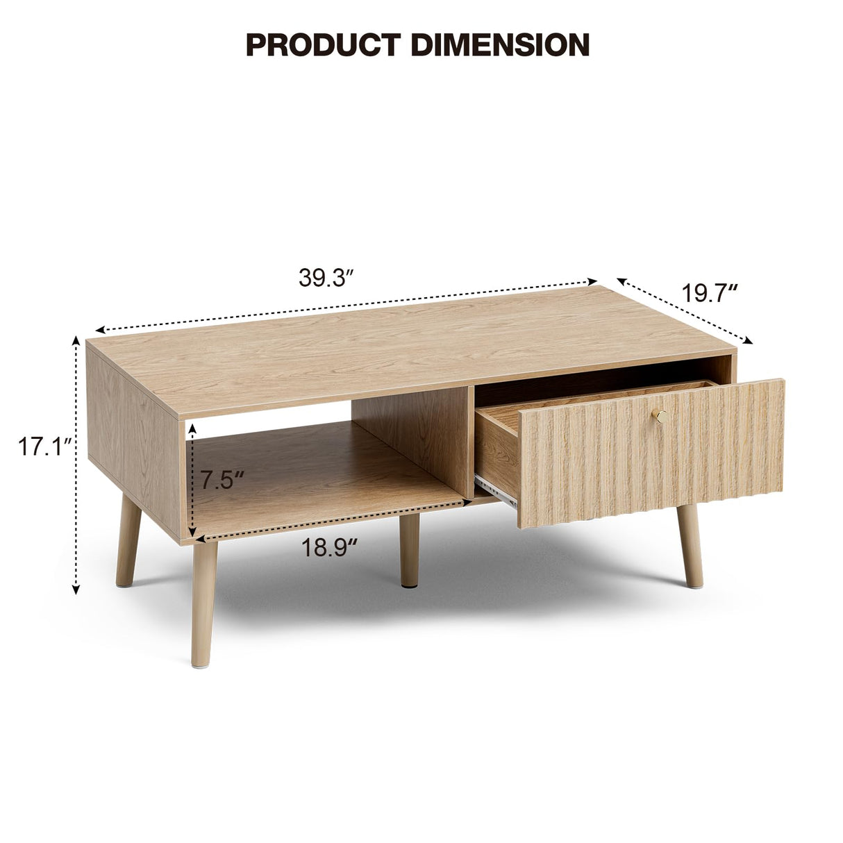 LCRBOL Coffee Table with Storage, Boho Dining Table with Fluted Drawer and Solid Wood Legs, Small Coffee Tables for Living Room, Oak