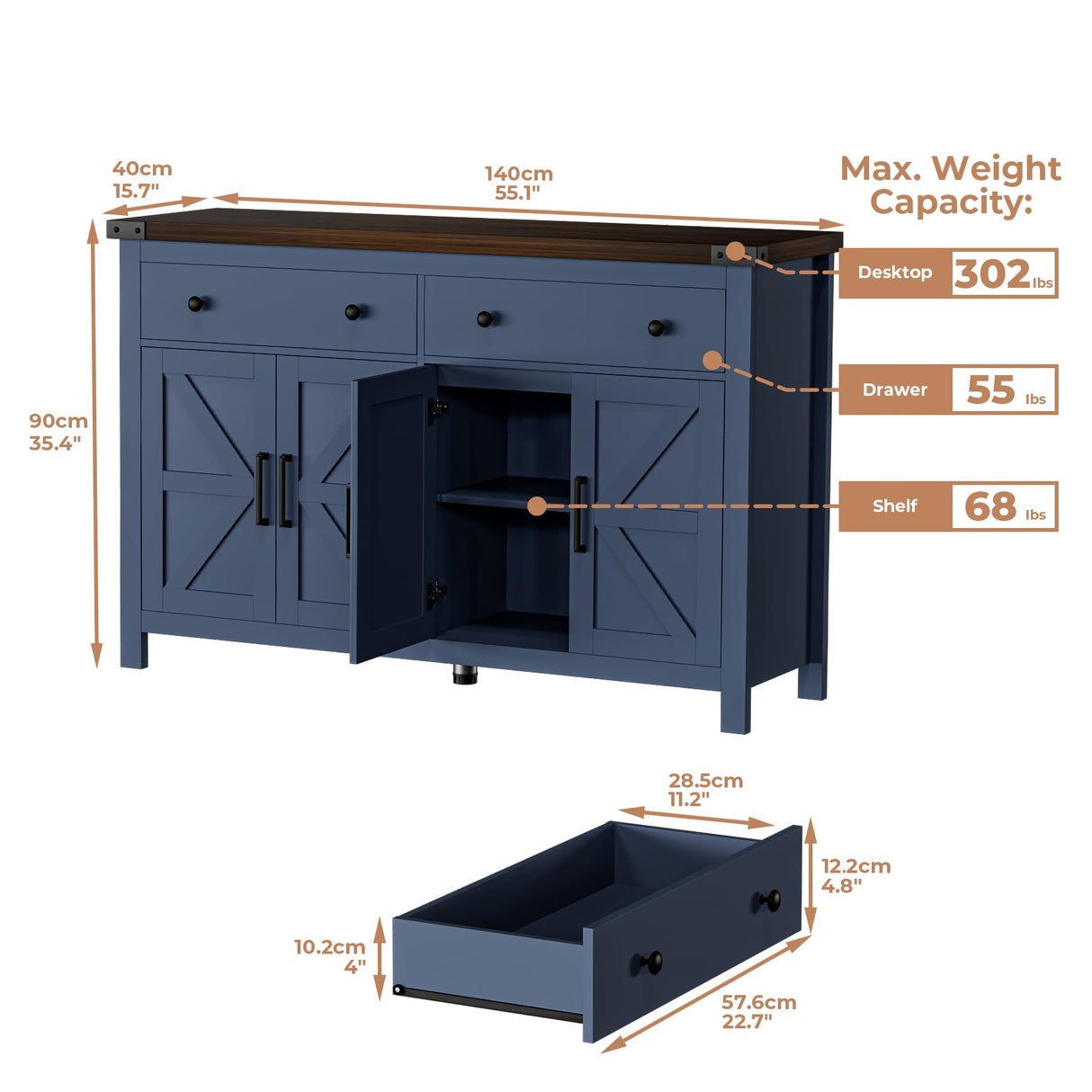 VVFLU Buffet Cabinet with Storage Farmhouse with 4 Doors and 2 Drawers, 55'' Large Kitchen Storage Cabinet Blue Wood Coffee Bar Buffet Sideboard for Kitchen, Dining Room, Living Room VVFLU