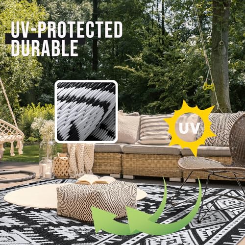 OLANLY Outdoor Rug Waterproof 5x8 ft, Reversible Outdoor Plastic Straw Rug, Boho Patio Rug, Indoor Outdoor Carpet, RV Mat Outside for Patio, Camp, Picnic, Balcony, Deck, Backyard, Black & White OLANLY