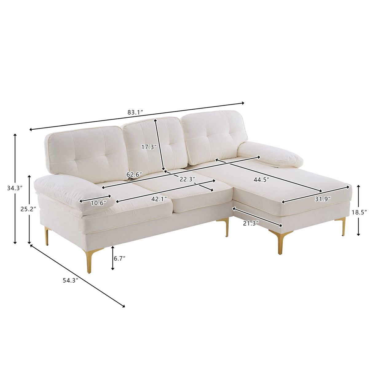 Karl home Sectional Sofa 83" L-Shape Sofa Couch 3-Seat Couch with Chaise ChenilleFabric Upholstered for Living Room, Apartment, Office, Creamy-White Karl home