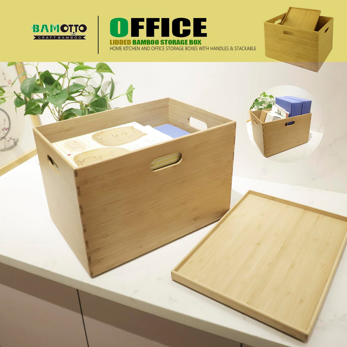 BAMOTTO Lidded Bamboo Storage Bins & Box/Cube/Basket, Home Kitchen and Office Storage Boxes with Handles & Stackable for Organizer Tableware, Crafts, Office Shelf Books, Large, 14.6”x10.2”x9.6” BAMOTTO CRAFTBAMBOO