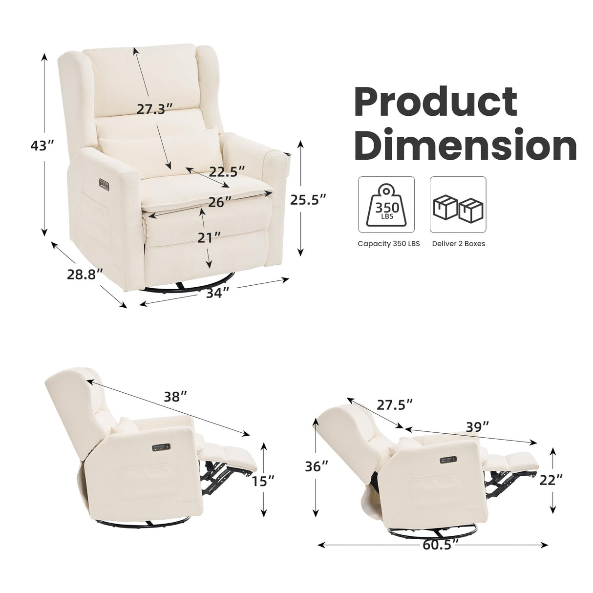 RUTOX Oversized Swivel Rocker Recliner with Adjustable Headrest, 26" Extra Wide Glider Recliner Nursery Chair with Double Cushion, Chenille Glider Rocking Chair for Living Room,Cup Holder,White RUTOX