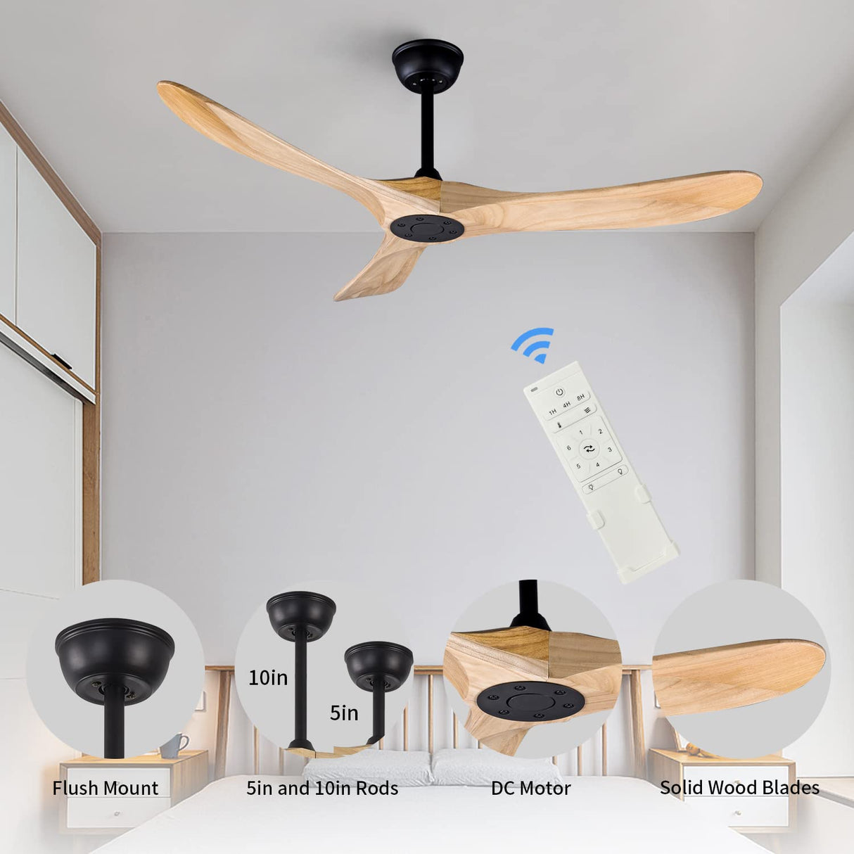 FOBLKS 52" Indoor/Outdoor Wooden Ceiling Fan, 3 Blade DC Ceiling Fan with Remote Control, 2 Downrods, Reversible DC Motor 22W Quiet Energy Saving FOBLKS