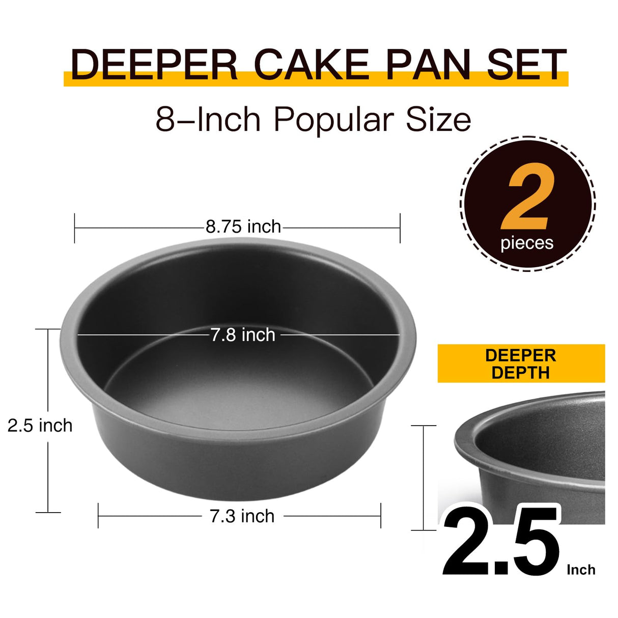 HONGBAKE Round Cake Pan Set for Baking, 8 Inch, Nonstick Deeper Circle Cake Pans with Wider Grips, 2 Pieces Layer Cake Tin, Cheesecake Mold, Huty Duty, Dishwasher Safe - Grey HONGBAKE