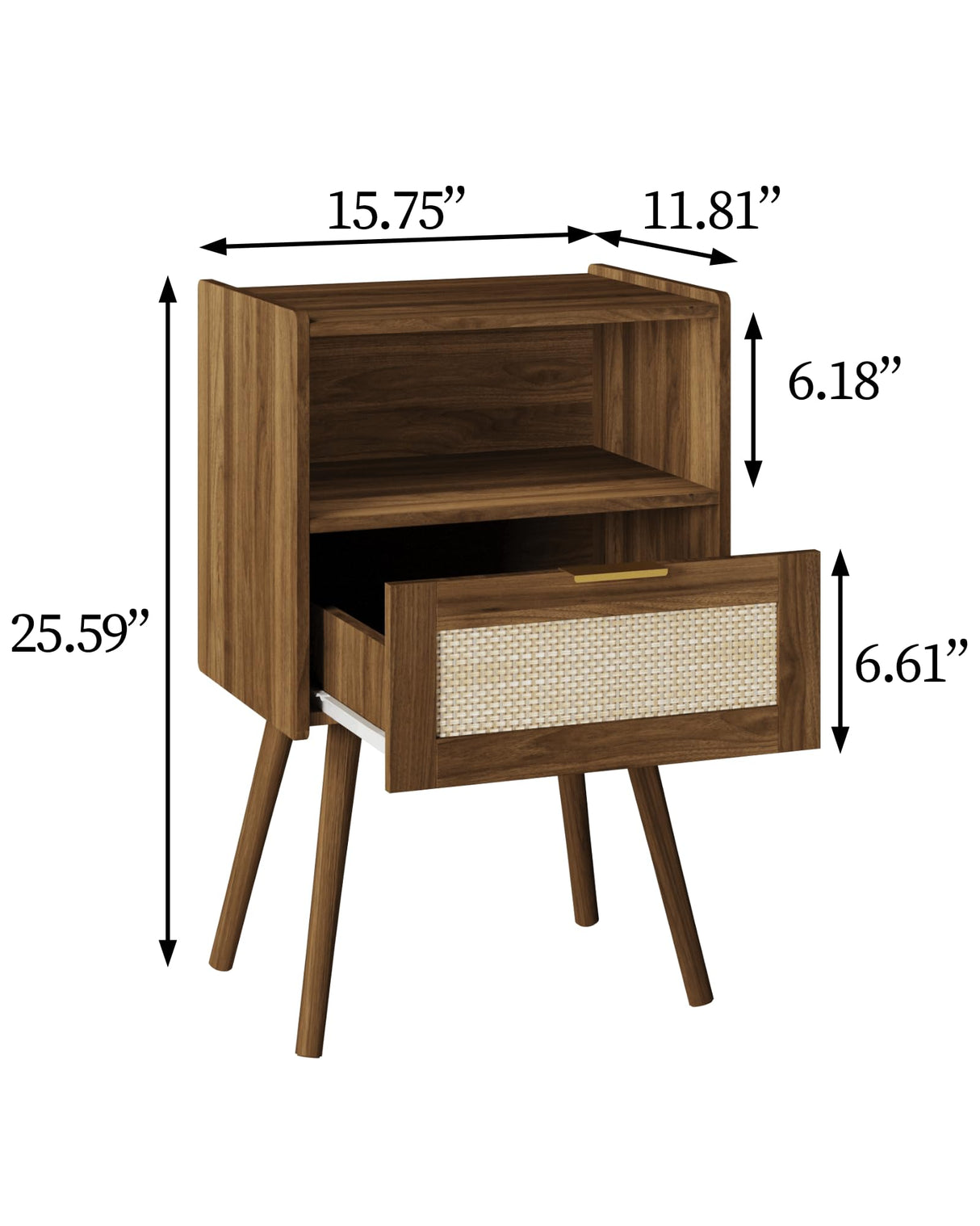 Veegle Rattan Nightstand,Modern Bedside Table with Storage Drawer and Open Wood Shelf, for Living Room, Bedroom and Small Spaces, Accent Night Stand with Solid Wood Legs, Easy Assembly,Walnut Brown Veegle