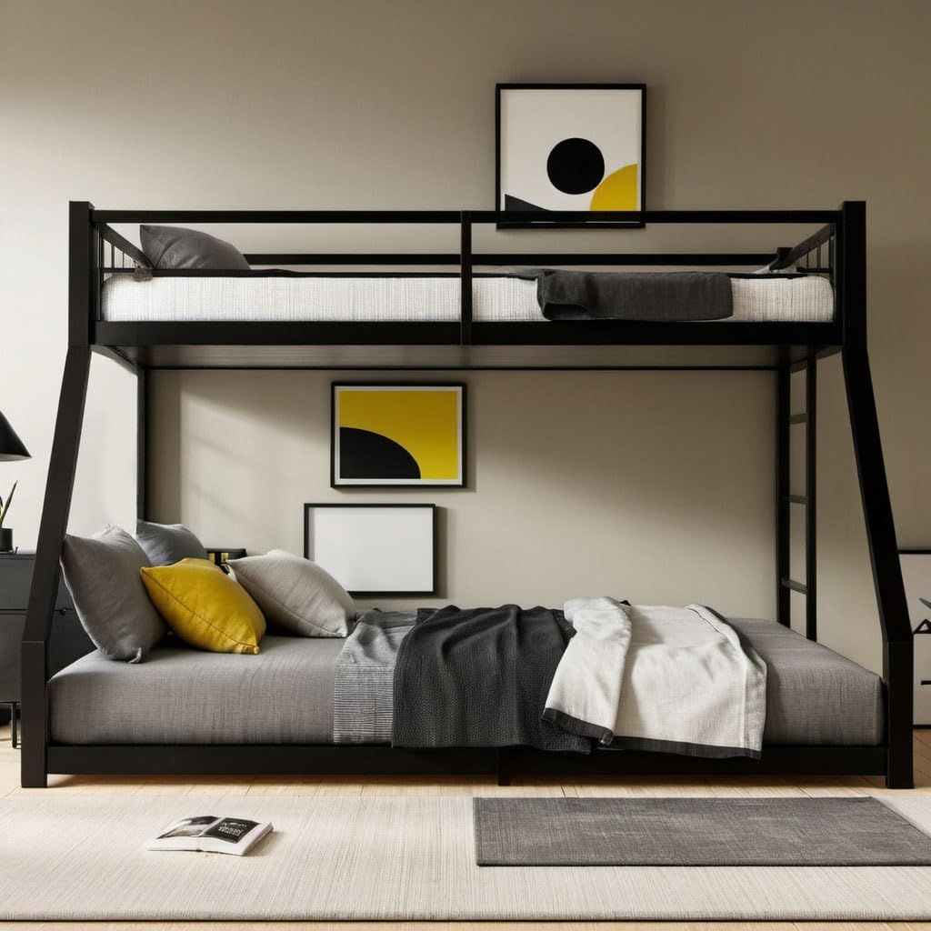 UOCFYK Twin XL Over Queen Bunk Bed for Teens and Adults, Heavy-Duty Metal Bunk Bed Frame with Full Length Guardrail and Ladder, Noise Reduced & No Box Spring Needed, Black UOCFYK