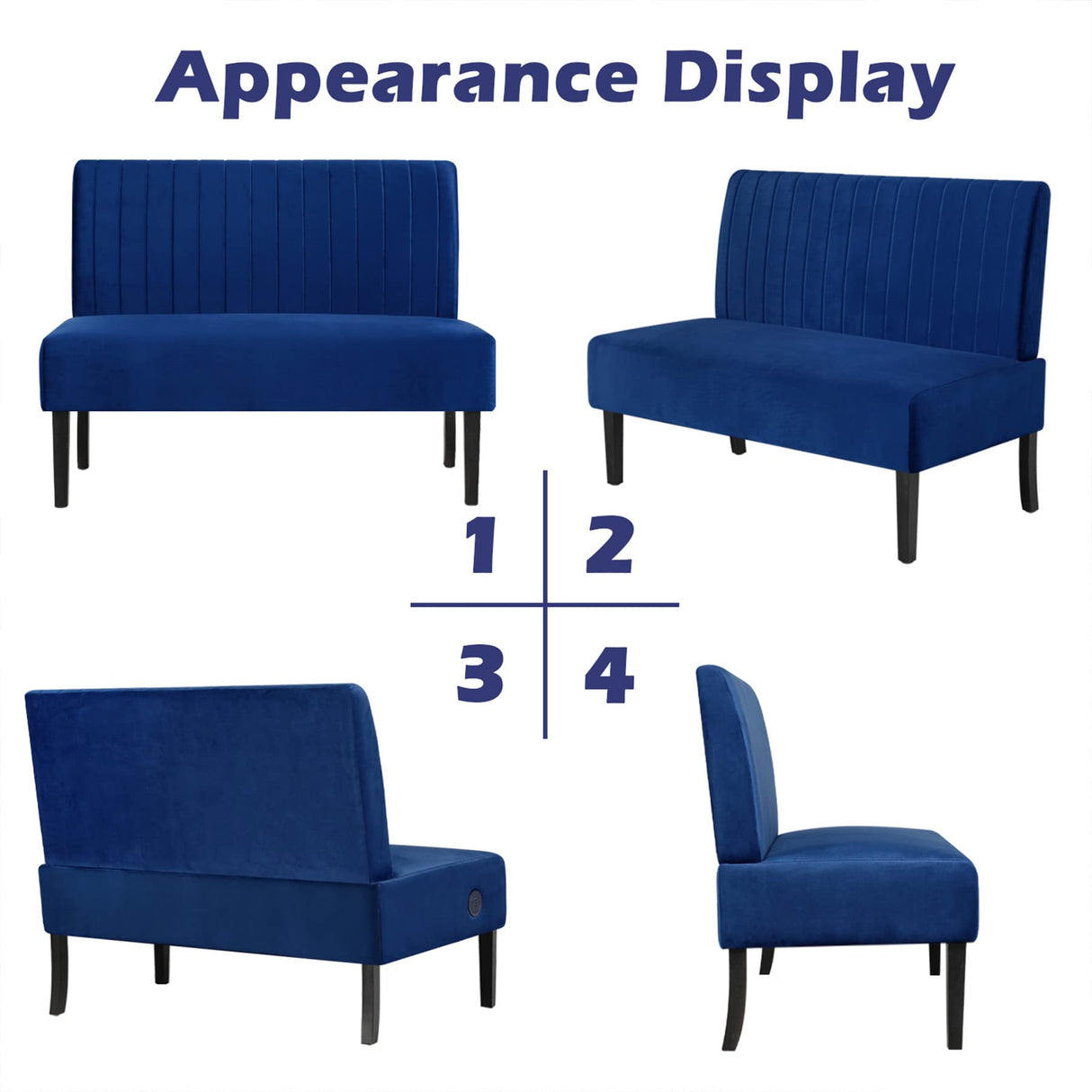 STHOUYN Mini Comfy Couch Armless Loveseat Sofa with USB Port, Velvet Couches for Small Spaces Living Room, Apartment Office Dorm (Navy Blue) STHOUYN