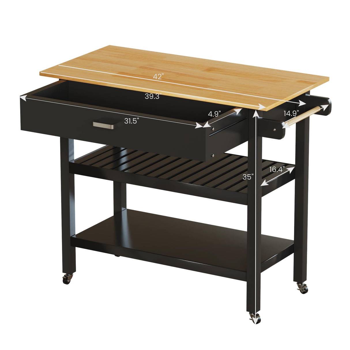 HiDSLiving Kitchen Island 42" Rolling Kitchen Island Cart On Wheels with Drawer Towl Rack 3 Tiers Rolling Utility Cart with Solid Wood Top Serving Trolley for Dining Room Black HiDSLiving