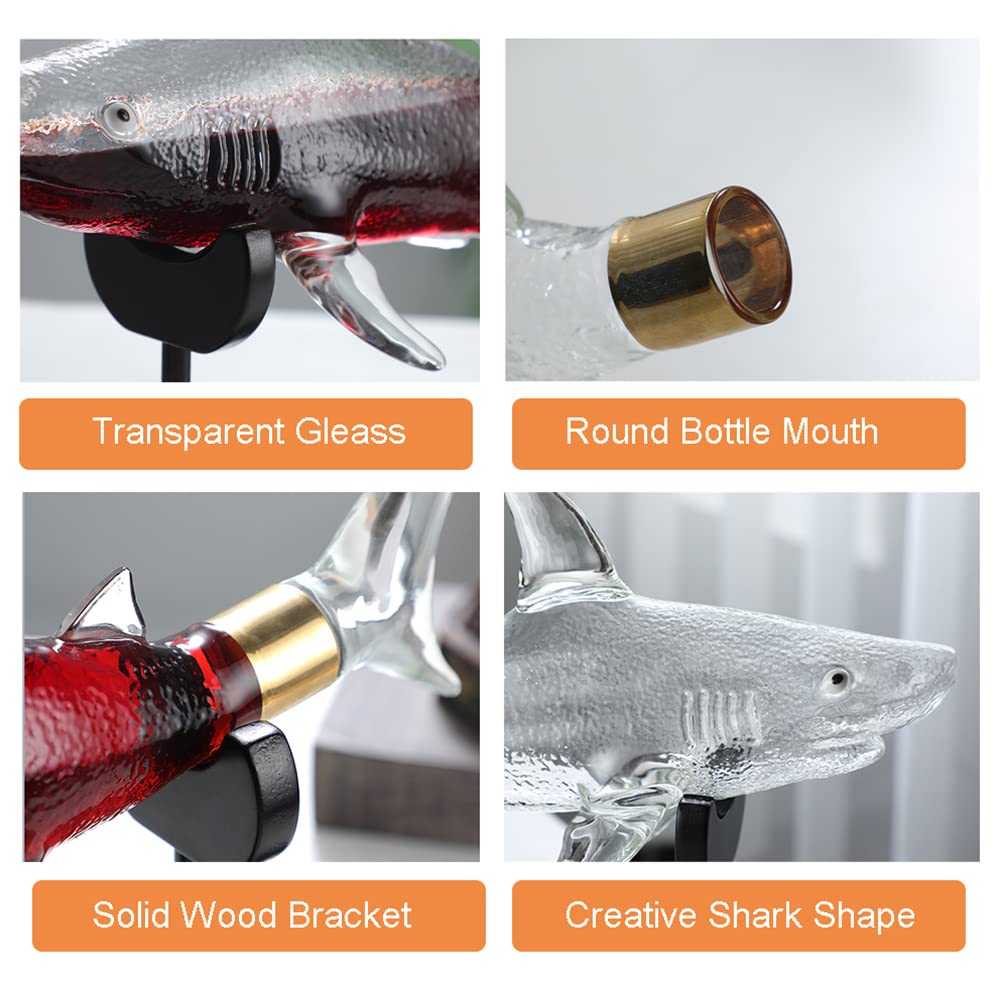 NF Whiskey Decanter Set with 4 Glasses & Wood Stand,1000ml Shark Decanter Glass Liquor Decanter For Whiskey, Scotch, Bourbon Vodka,Gift For Wine Lovers, M NF