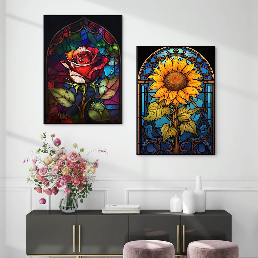 OFRKE 2-Piece Rose Sunflower Diamond Painting Kits for Adults, Round Full Drill 5D DIY Diamond Art Kits for Home Wall Decor 12"x16" OFRKE
