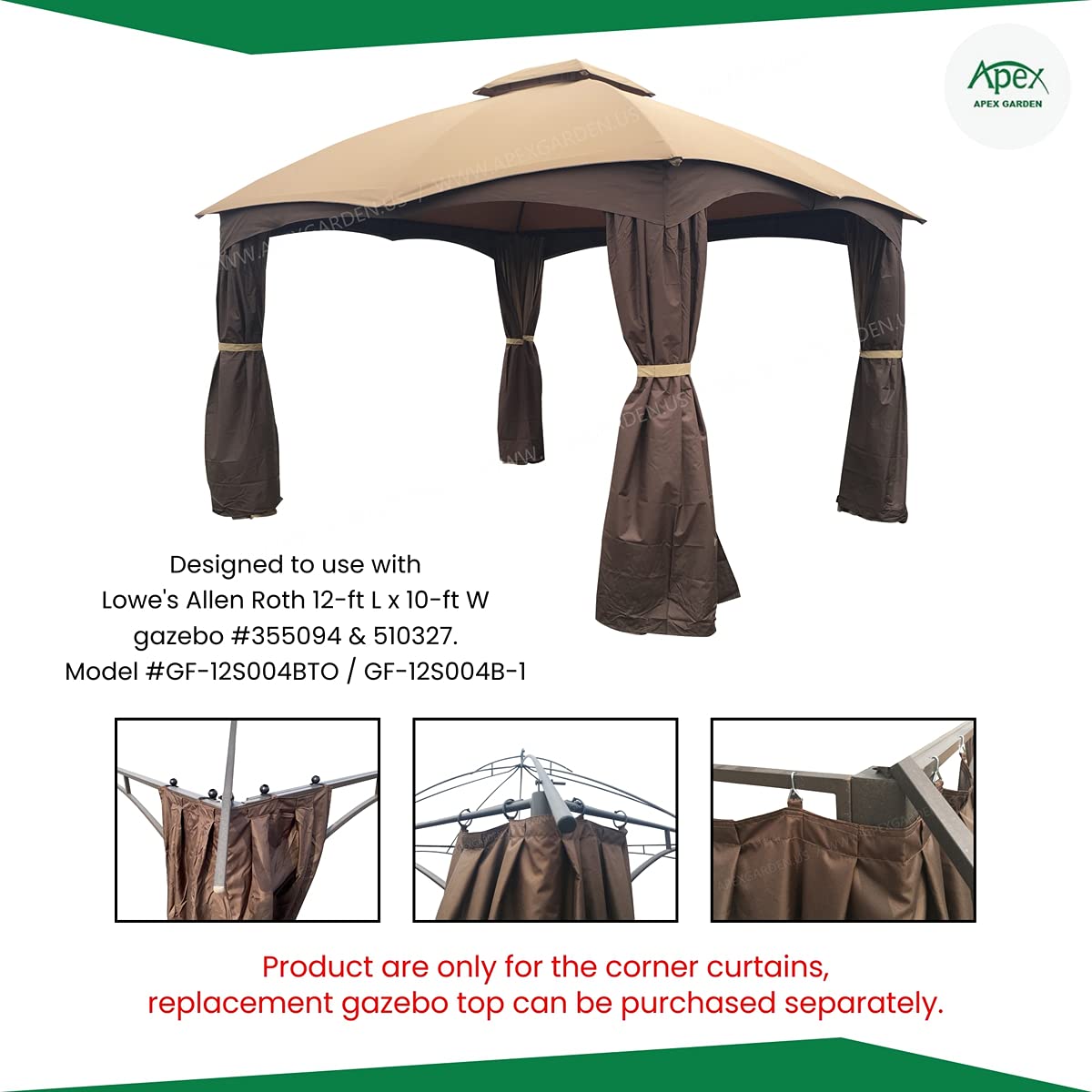 APEX GARDEN 4 Poles Brown Corner Curtain Set for Lowe's 10' x 12' Gazebo Model #GF-12S004BTO / GF-12S004B-1 (Corner Curtains Only) (Dark Brown) - WoodArtSupply