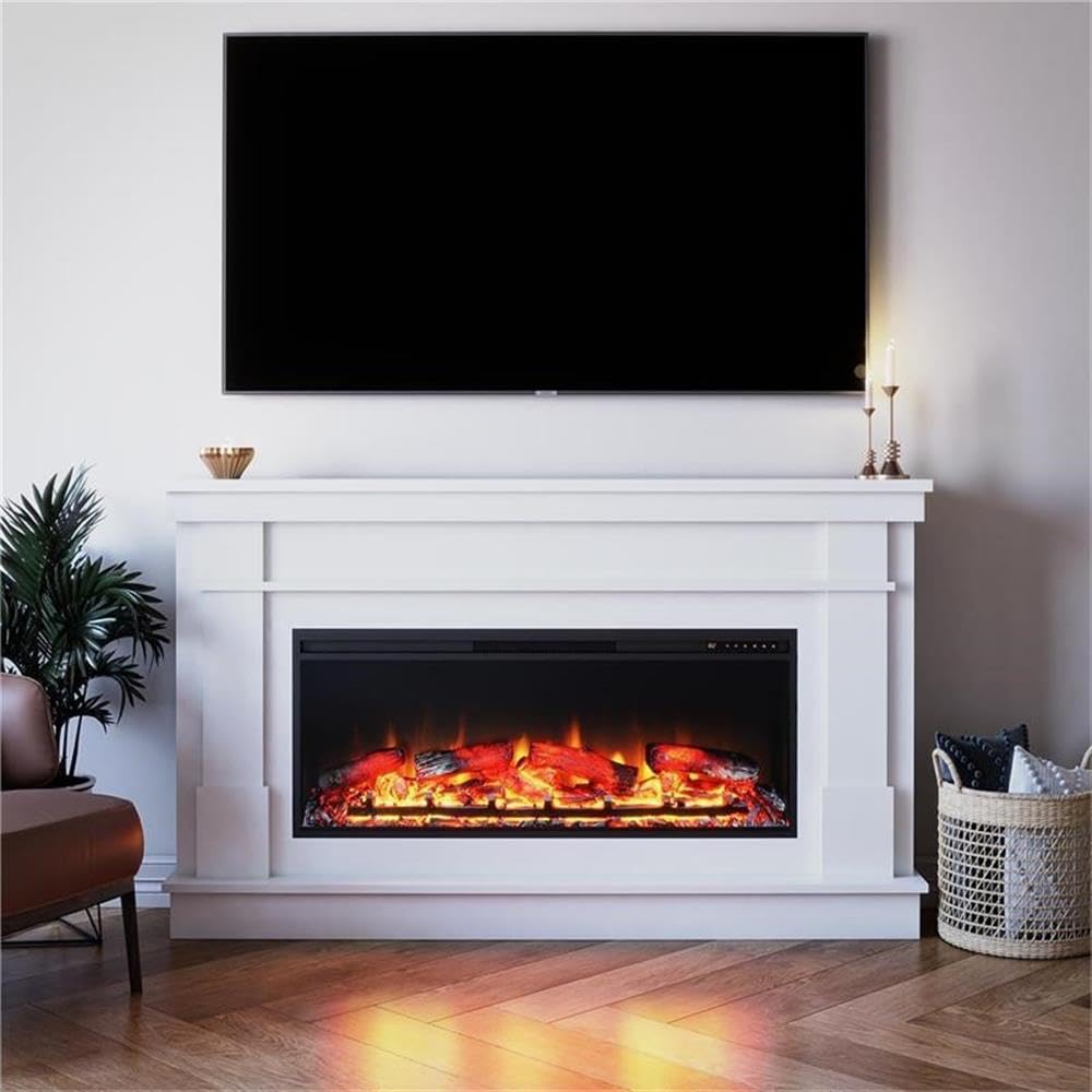 Pemberly Row Wide Mantel with Linear Electric Fireplace in White Pemberly Row