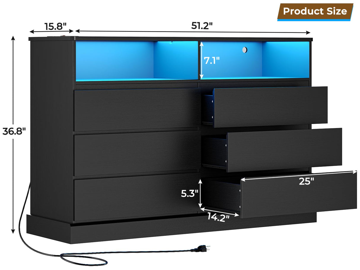 Hasuit Black Dresser for Bedroom with LED Lights and Charging Station, 51.2" Long Dresser Chest of Drawers with Large Drawers and Open Space, Modern 6 Drawer Dresser for Bedroom, Living Room, Entryway Hasuit