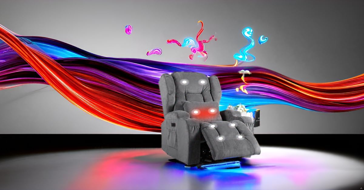 BINGTOO Electric Power Recliner Chair with Massage & Heat - Ergonomic Wingback Lounge Sofa Chair for Living Room, Home Theater Seating & RV with LED Light/Cup Holders/USB Ports, Grey BINGTOO