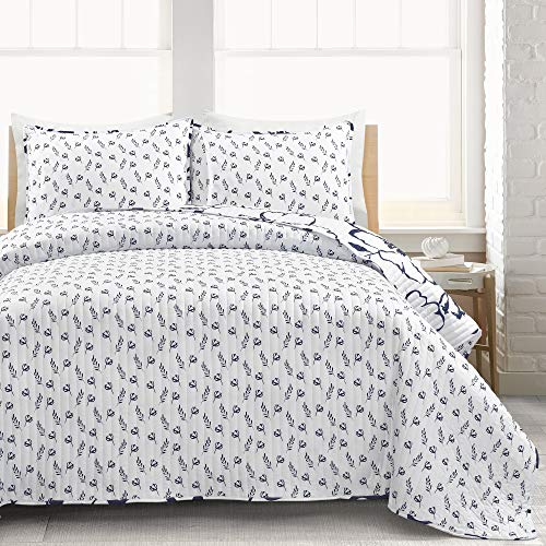 Lush Decor Scandinavian Floral Quilt Queen Size Reversible 3 Piece Set Full/Queen Navy & White - Floral Bedding Set Queen Quilt - White Bedding Lush Decor