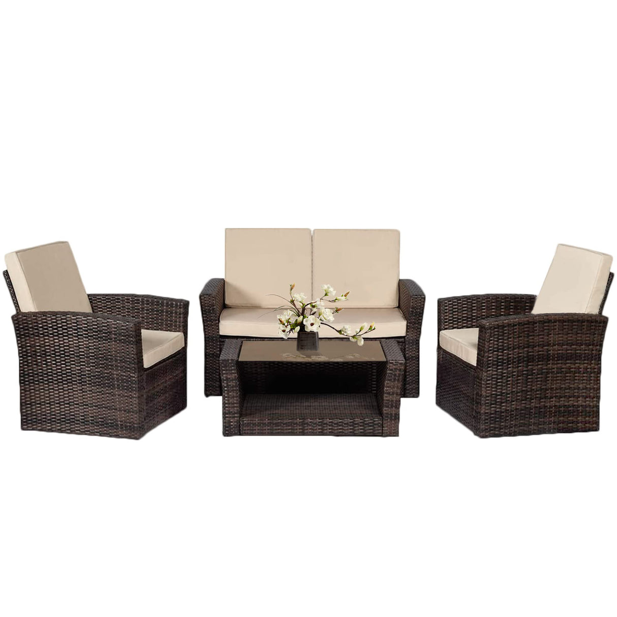 4 Pieces Patio Conversation Set, Outdoor PE Rattan Wicker Sofa Furniture Set with Soft Cushions and Glass Coffee Table for Backyard Lawn Garden Balcony Porch Poolside,Brown PayLessHere