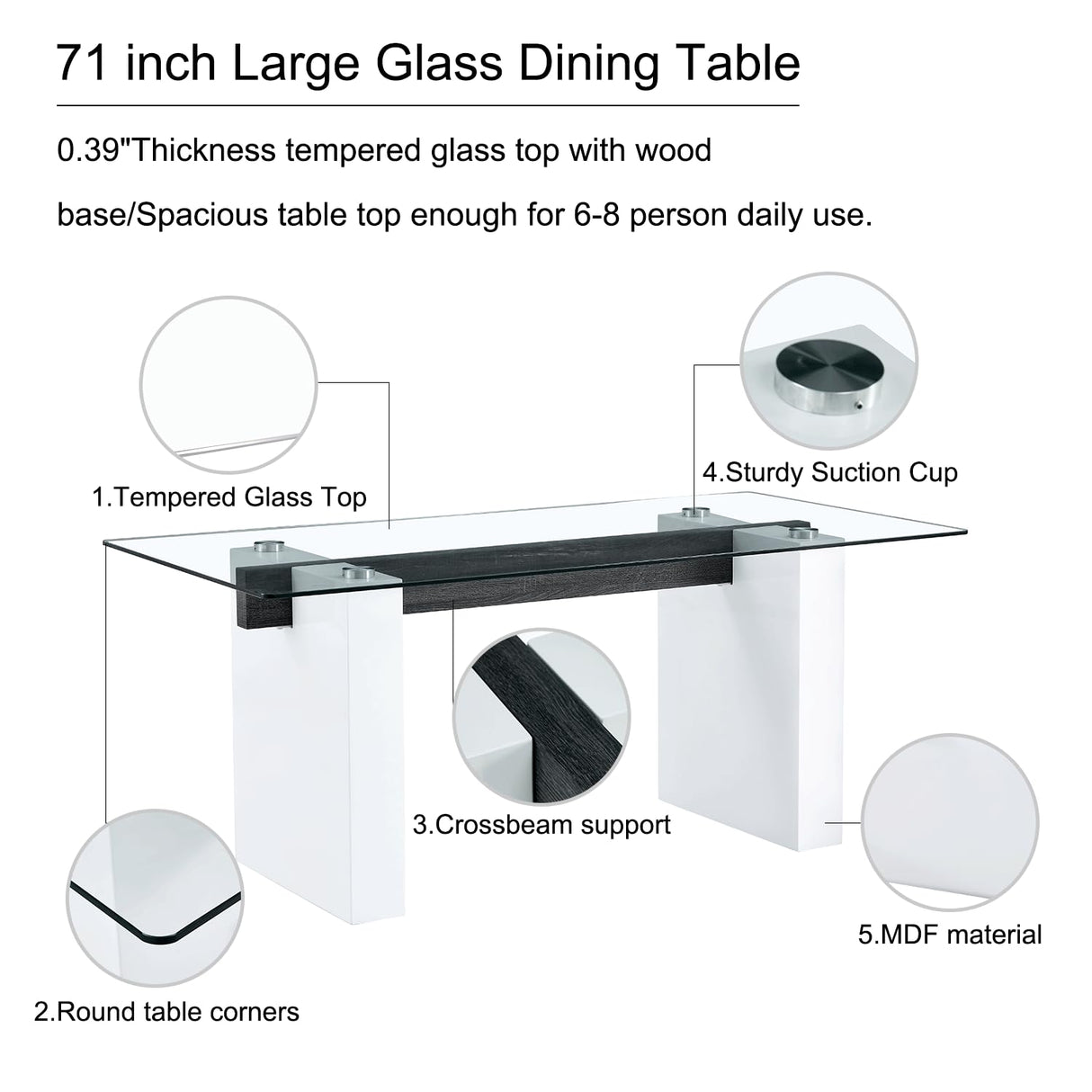 MEMUY Glass Dining Table Set for 8,Rectangle Dining Table Top with White High Glossy Wood Board Base,71”White Kitchen Table with 8 White Chairs for 6-8 Person MEMUY
