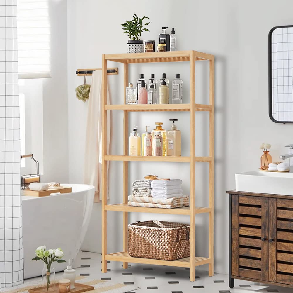 HLXZN 5 Tier Bamboo Freestanding Shelf Unit, Multifunctional Bookshelf Bookcase for Bathroom, Kitchen, Living Room, Office HLXZN