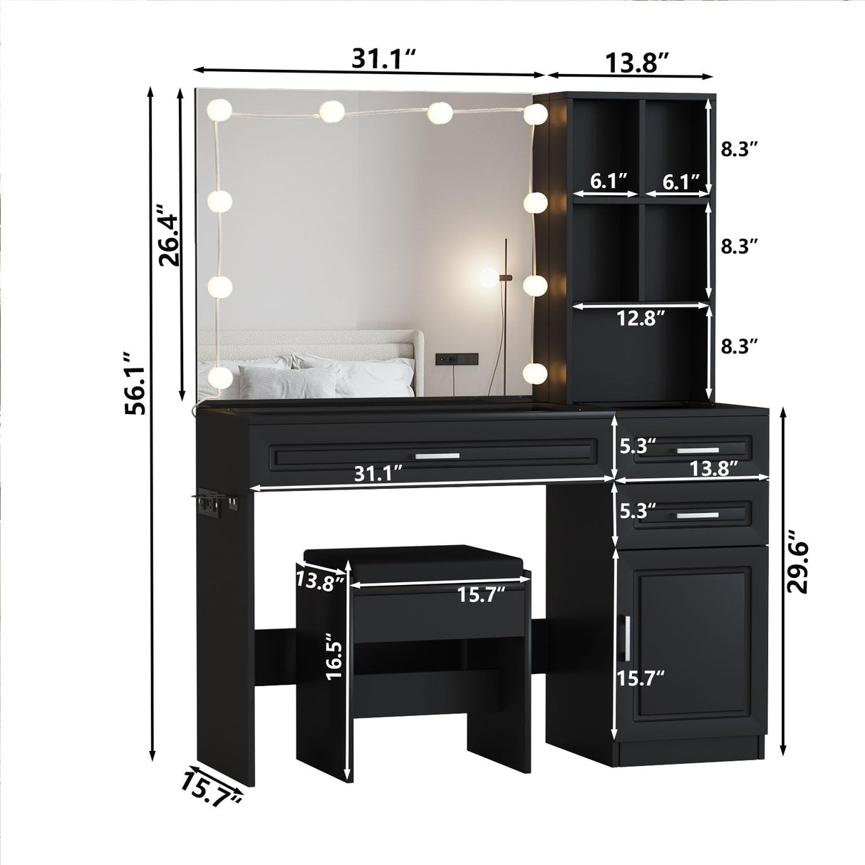 Fameill Vanity Desk with Lighted Mirror & Power Strip,Large Vanity Table with Glass top and Lots Storage,3 Drawer Makeup Desk with Hair Dryer Stand,3 Lighting Modes,Black Fameill