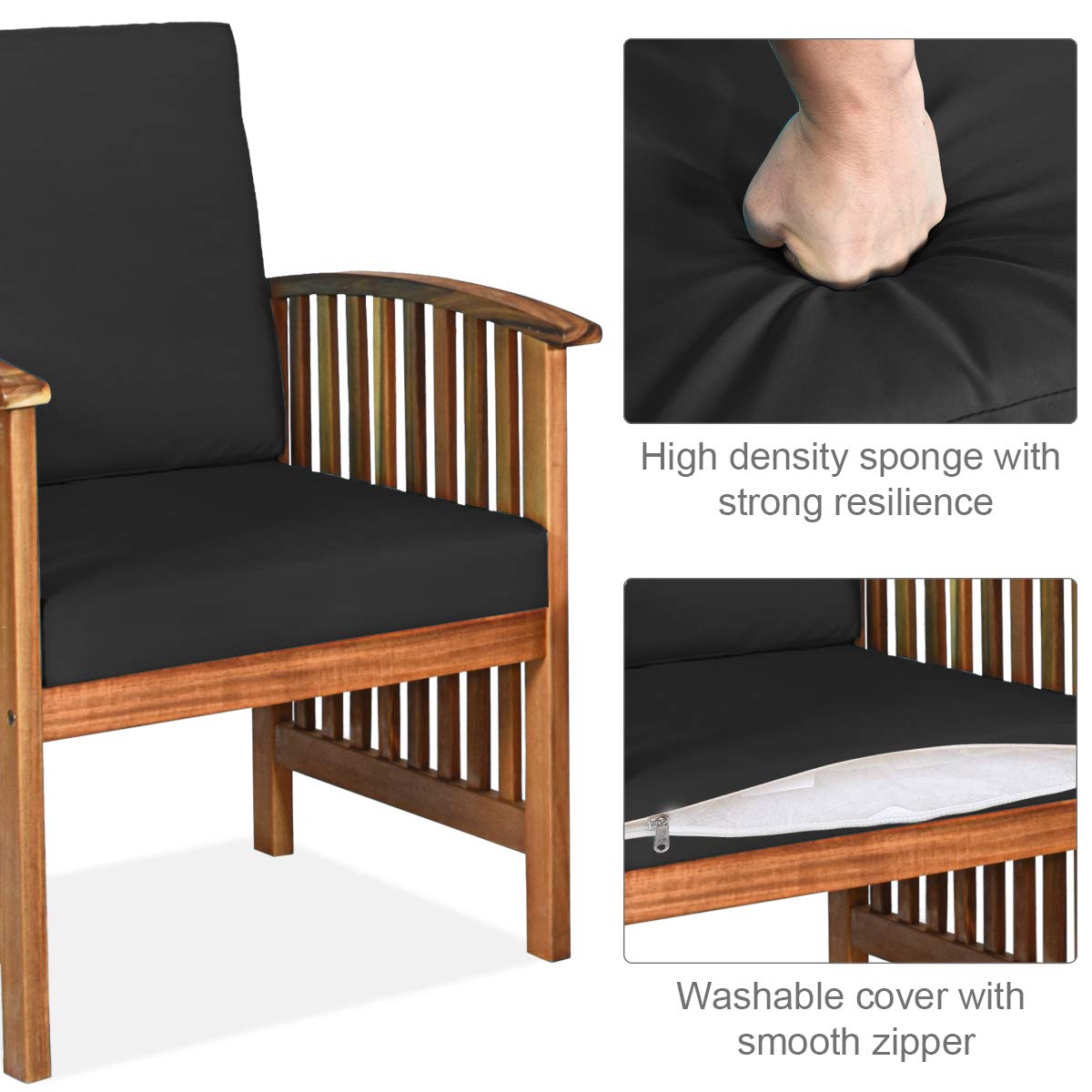 Tangkula Outdoor 4 PCS Acacia Wood Sofa Set w/Water Resistant Cushions, Padded Patio Seating Chat Set w/Coffee Table for Garden, Backyard, Poolside (1, Black) Tangkula