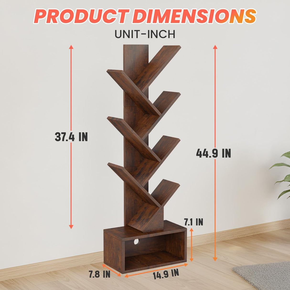 FDW 7 Tier Tree Bookshelf, Rustic Brown Floor Standing Bookcase with Storage Cabinet, Tall Narrow Bookshelves Organizer for Bedroom/Living Room/Home Office Corner FDW