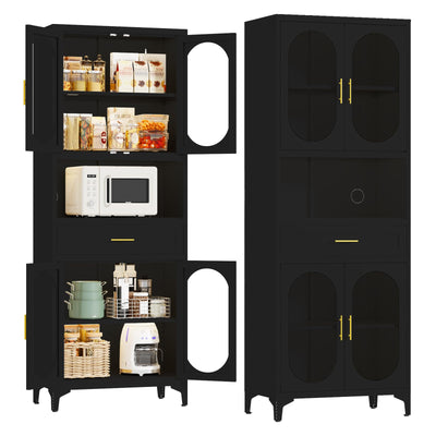 VRTCP 75" H Tall Kitchen Pantry Storage Cabinet with 4 Glass Door, Black Metal Storage Cabinet with Drawer and 2 Adjustable Shelves, Kitchen Pantry Cupboard for Living Room, Dining Room