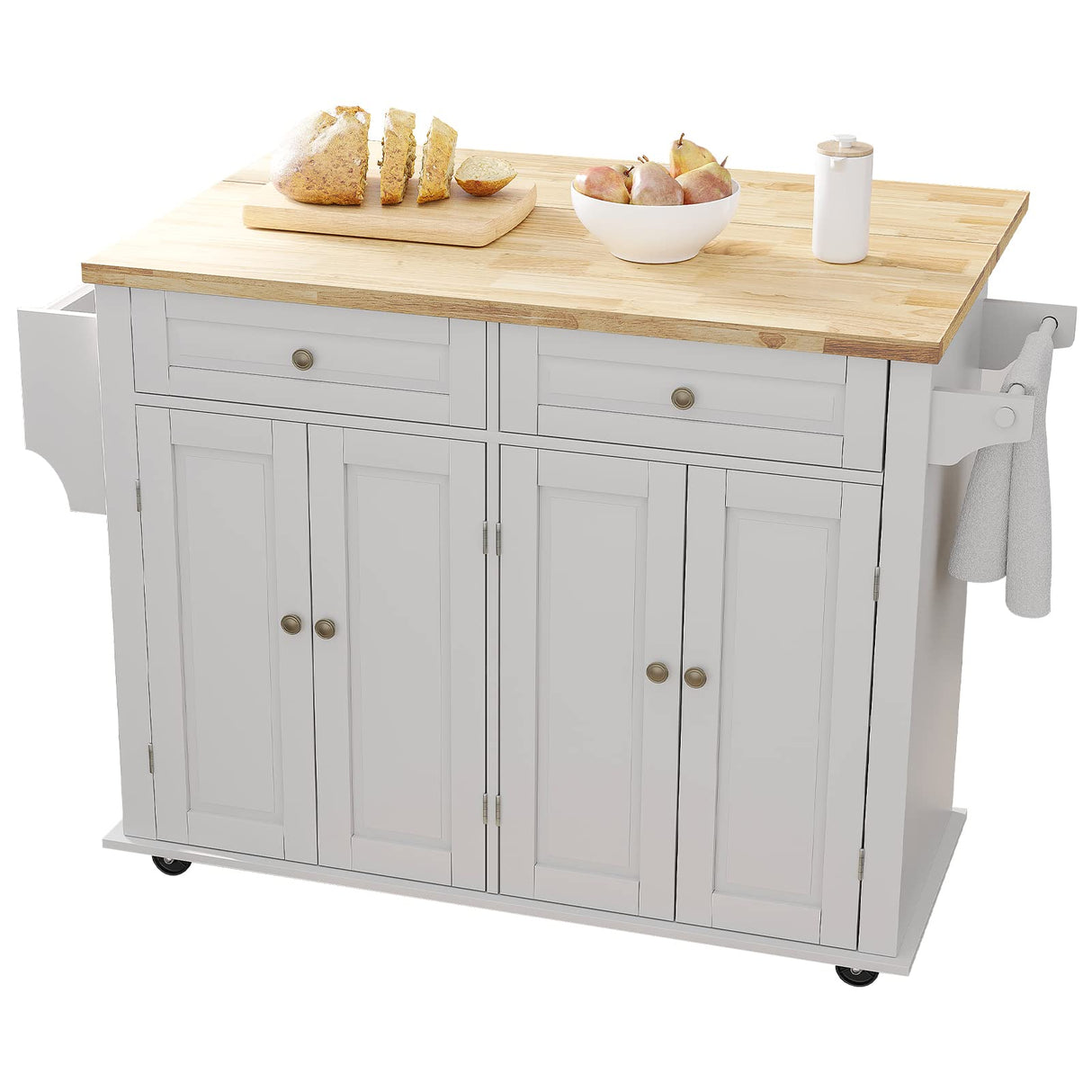 Rolling Kitchen Island with Drop Leaf – Movable Kitchen Carts on Wheels Island with Storage Cabinet, Island Table for Kitchen with Rubber Wood Top and Rack and Drawers, Matte, White Gitua