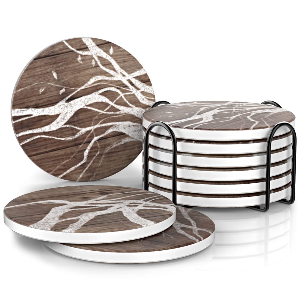 UMIRRO Ceramic Coasters for Wooden Table, Absorbent Drink Coasters with Holder for Tabletop Protection, Rustic Country Farmhouse Coasters w/Brown Wood Texture for Cups & Glasses, Coffee Bar Accessory Umirro