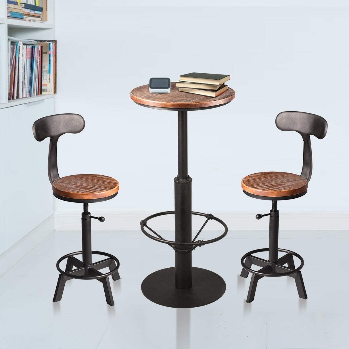 BOKKOLIK 42inch Industrial Style Farmhouse Bar Table, Round Wooden Top, Matte Black Metal Base BOKKOLIK