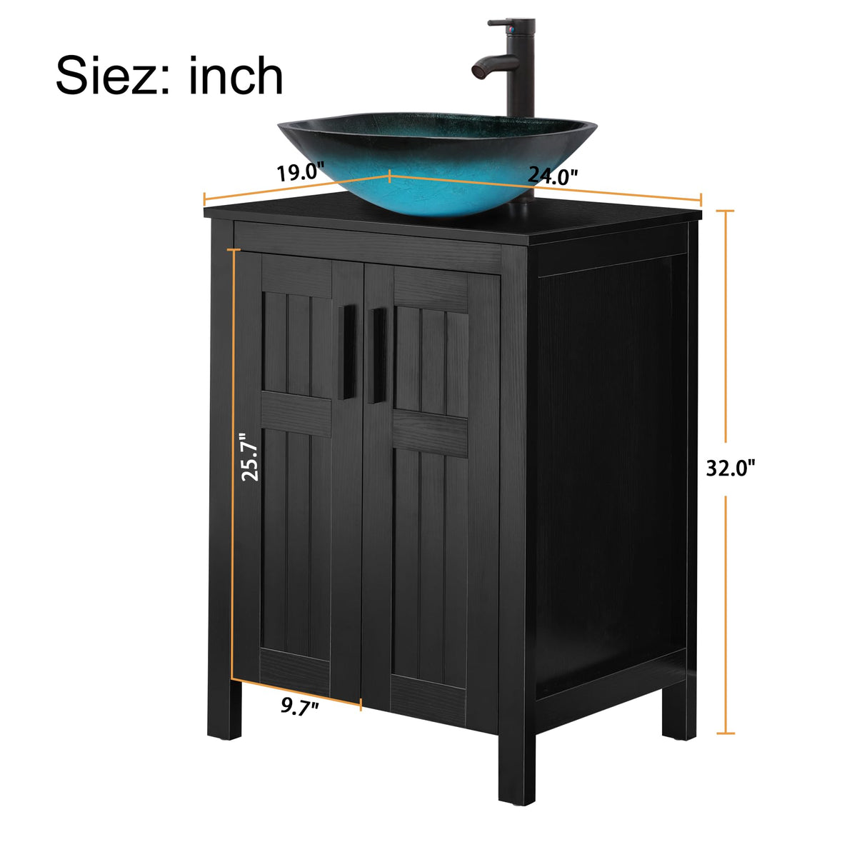 UEV Black 24" Bathroom Vanity with Sink Combo,Modern Vanity with Vessel Sink,Stylish Bathroom Vanity Cabinet,Grooved Doors & Metal Handles,Modern Square Ocean Blue Tempered Glass Vessel Sink(A10) UEV