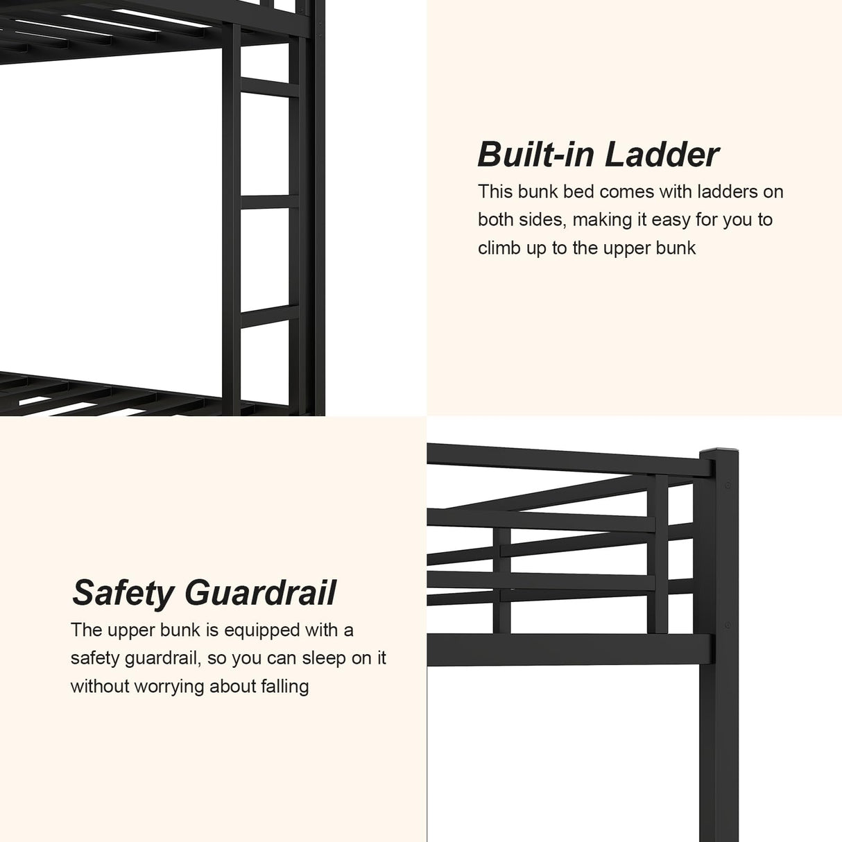 HKOLIE Queen Over Queen Bunk Bed, Metal Bunk Bed Frame Heavy Duty Bunk Beds Loft Bed Frame with Ladder and Guardrail Metal Slats No Box Spring Required for Adults Teens, Queen Over Queen Size HKOLIE