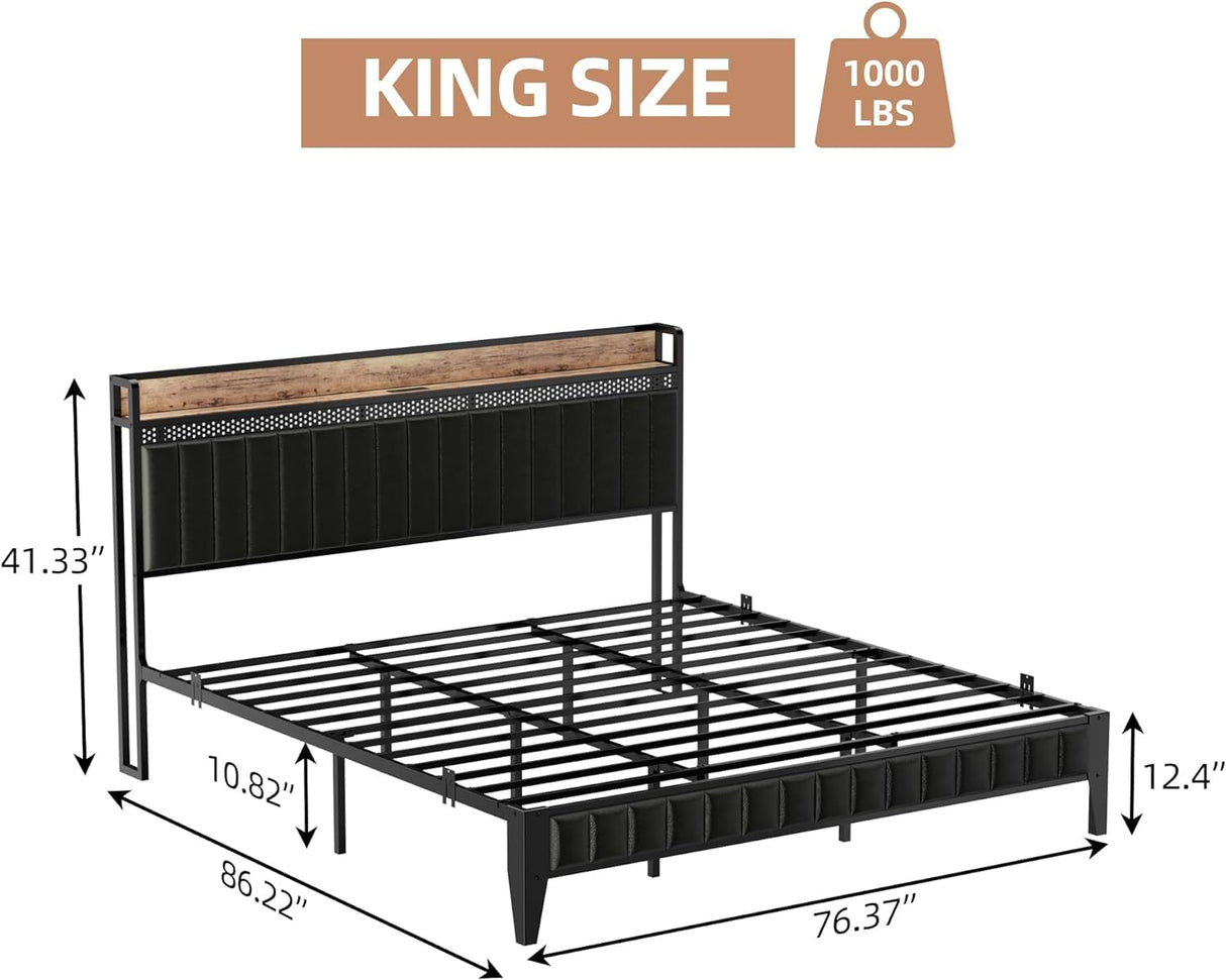 IDEALHOUSE King Bed Frame with Charging Station, LED Bed Frame with Storage Headboard, Upholstered Platform Bed Frame, No Box Spring Needed, Easy Assembly, Black IDEALHOUSE