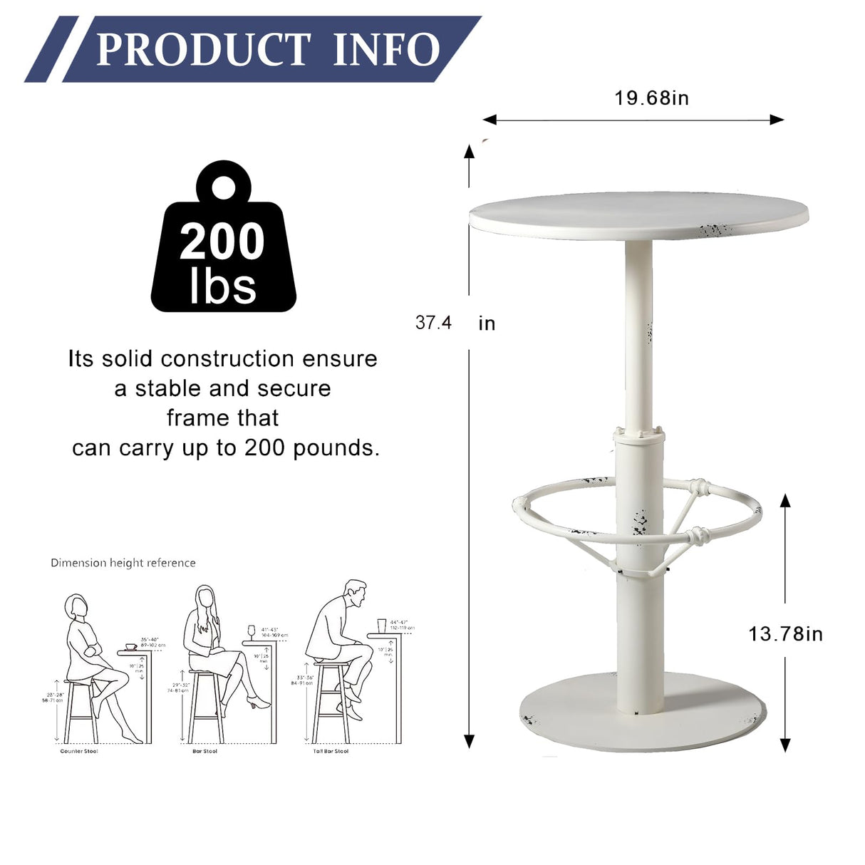 Diwhy Industrial Pub Table 23.6" Iron Round Desktop 37.4" Height Cast Iron Bar Table Antique White Diwhy