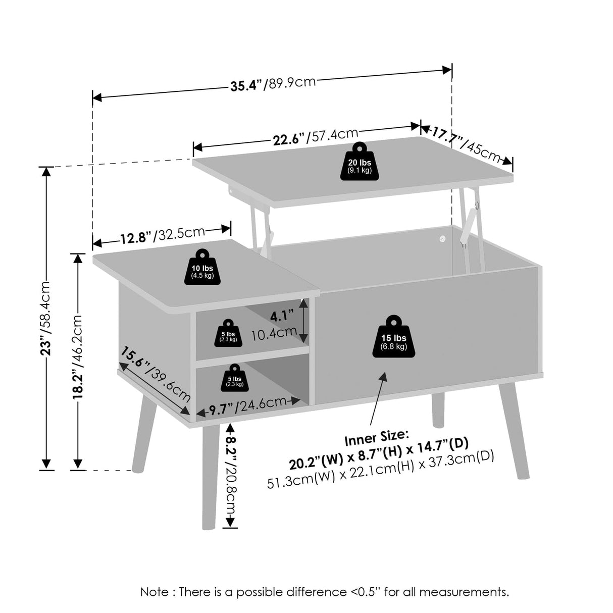 Furinno Jensen Wooden Leg Lift Top Coffee Table with Hidden Compartment and Side Open Storage Shelf for Living Room, Solid White Furinno